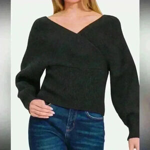 Zenana Cross Wrap Rib Long Sleeve Sweater Black New Without Tags Medium Trendy